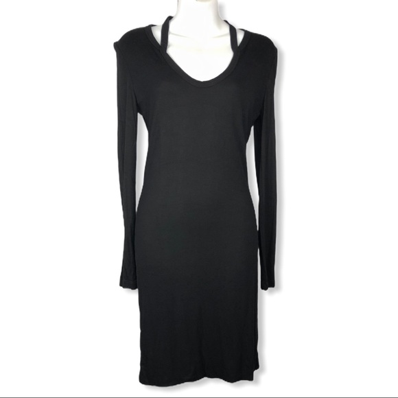 Pam & Gela Black Split Neck Ribbed Jersey Dress M - Picture 3 of 11